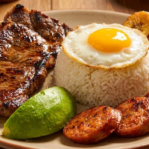 Grilled steak, white rice with a fried egg, plantains, sausage, and lime on a plate.