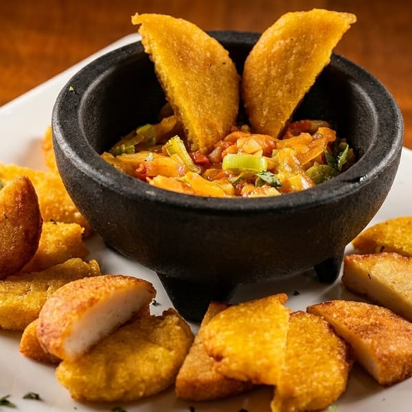 Golden fried empanadas and plantain slices surround a black bowl of colorful stew on a white plate.